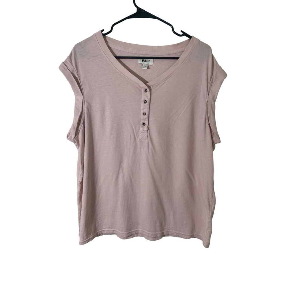 PACT Women's XXL Pink Organic Henley Button Front Cap Sleeve Minimalist